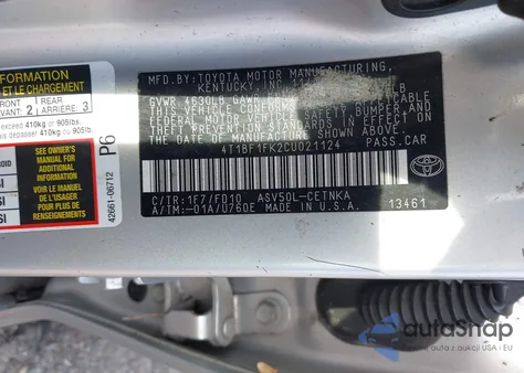 2012 Toyota Camry Le из США, поврежденный, VIN 4T1BF1FK2CU021124